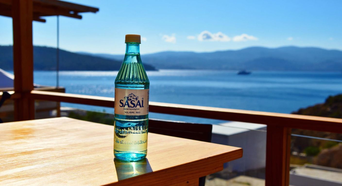 A glass bottle of **Şaşal Suyu** resting on a sunlit wooden table with the Aegean Sea and İzmir's coastline in the background.