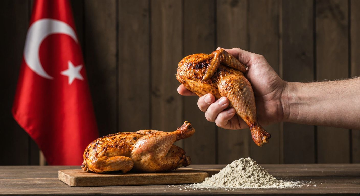A muscular hand holding a grilled chicken leg next to a small pile of protein powder on a wooden table, with a Turkish flag subtly visible in the background.
