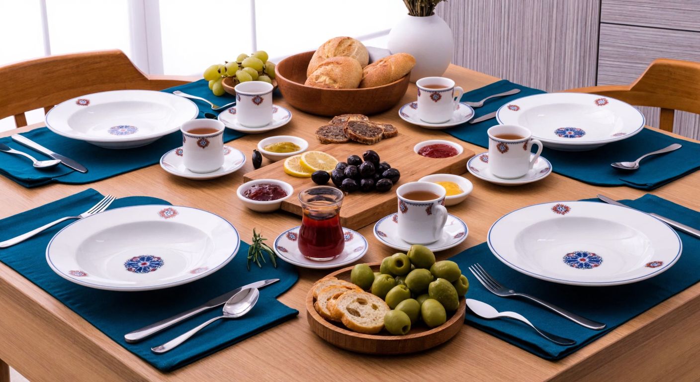 A traditional Turkish breakfast table set for six, with neatly arranged porcelain plates, small bowls for jam, and teacups on a wooden tray, surrounded by fresh bread, olives, and honeycomb.
