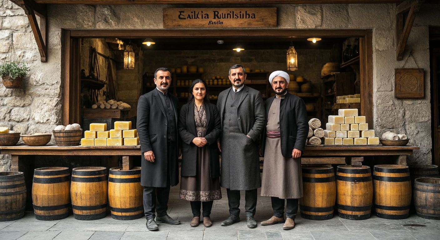 A dignified Turkish family in traditional business attire stands proudly in front of a historic soap workshop in Erzurum, surrounded by olive oil barrels and handmade soap molds.
