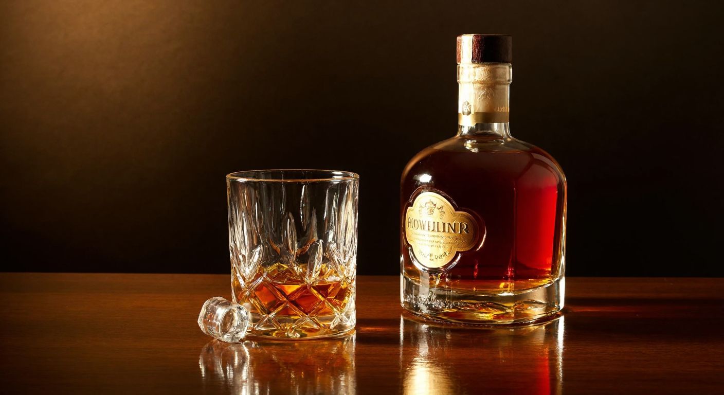 A polished wooden bar with a crystal-clear whiskey glass filled with amber liquid, resting beside an elegant, dark glass bottle with a wax seal, under warm, dim lighting that highlights its rich texture and golden hues.