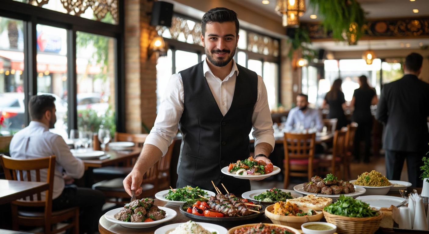 A well-dressed restaurant captain in a crisp white shirt and black vest warmly greets guests at a Turkish eatery, guiding them to a table set with steaming plates of kebabs and fresh mezze.