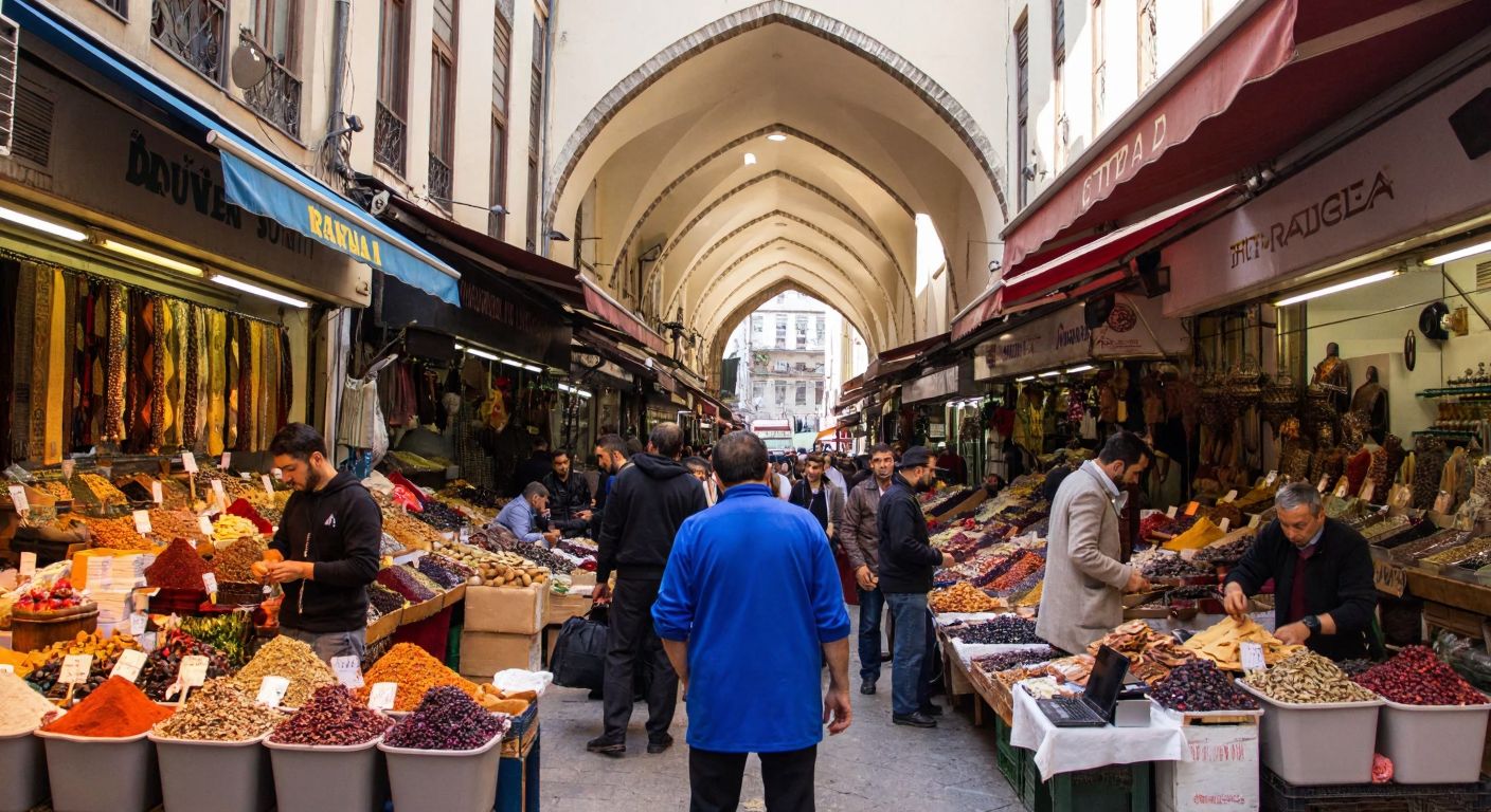 A bustling Istanbul marketplace with vendors selling spices, dried fruits, leather goods, and electronic equipment under colorful awnings, surrounded by merchants and customers engaged in lively trade.