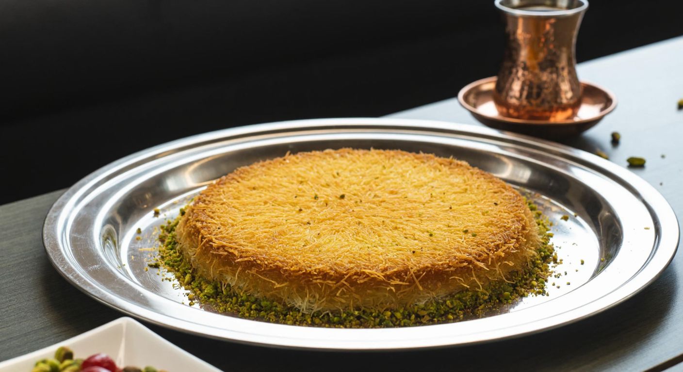 A golden künefe dessert sizzling on a shiny metal tray, with a warm glow from the cheese strands, surrounded by pistachio crumbs and a traditional Turkish coffee cup nearby.