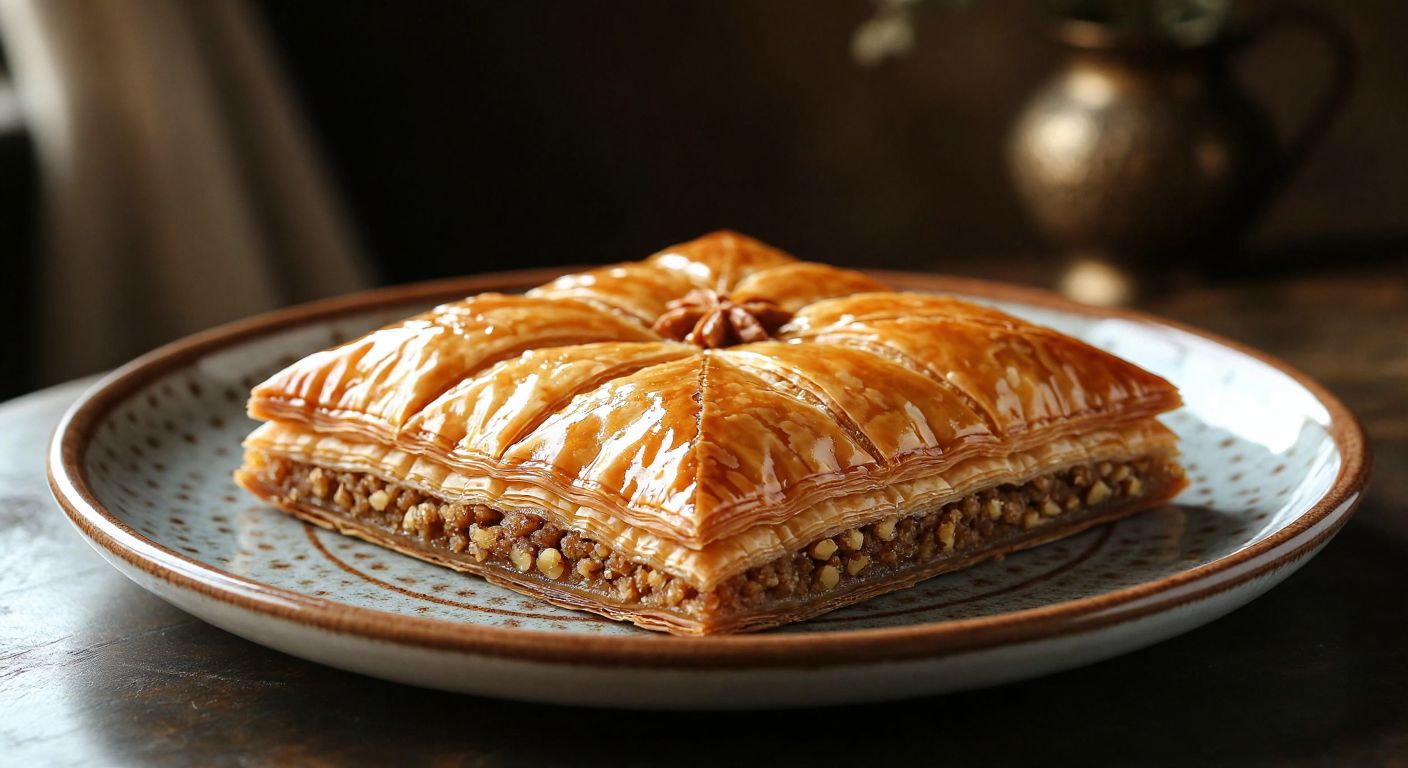 A golden, flaky Azerbaijani baklava layered with finely ground walnuts, sugar, and cardamom, resting on a traditional ceramic plate with a warm, honeyed glaze shimmering under soft light.