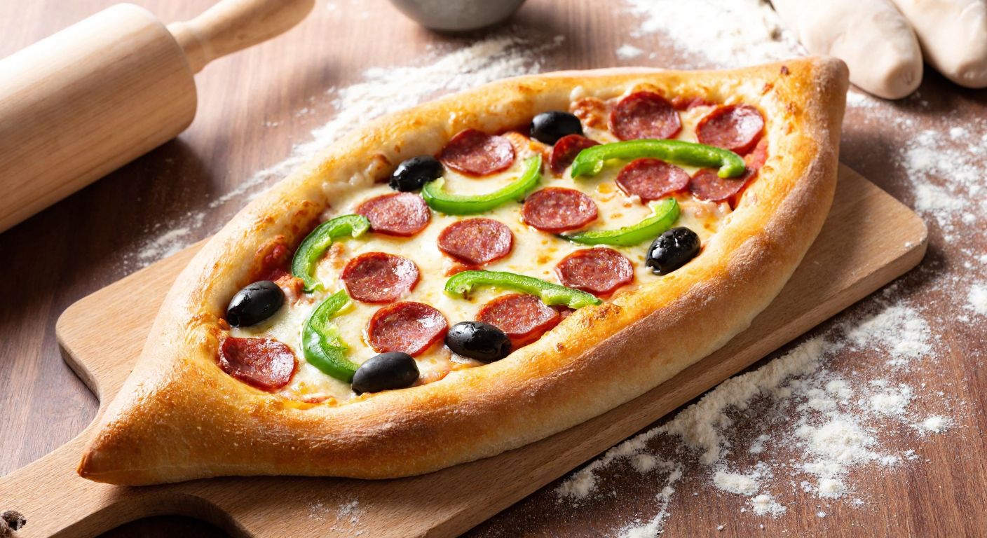 A golden, freshly baked Turkish-style pizza topped with melted kaşar cheese, sliced sucuk, green peppers, and black olives, resting on a wooden table with scattered flour and a rolling pin nearby.