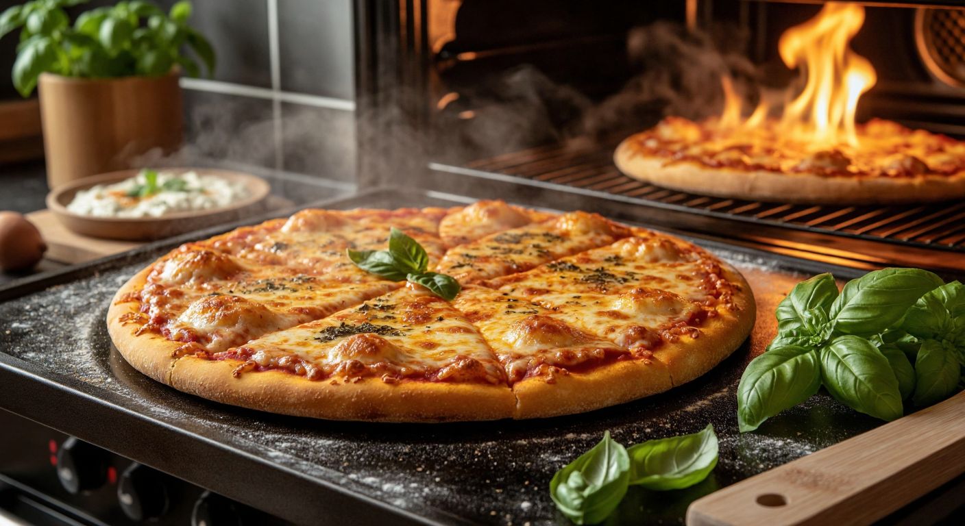 A golden-brown frozen pizza sizzling in a preheated oven, with melted cheese bubbling and steam rising, while a Turkish kitchen counter holds a wooden pizza peel and fresh basil leaves nearby.