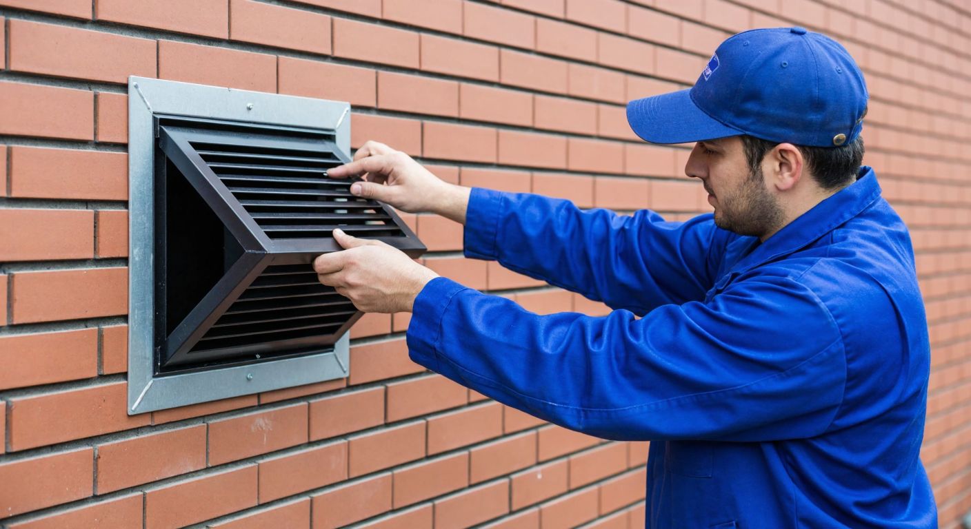 A Turkish technician in a blue work uniform adjusts a metal gas vent on a brick wall, with the inner slats angled upward and the outer slats tilted downward to shield from rain.