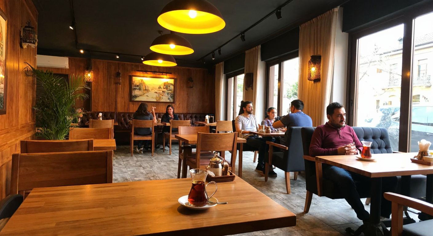 A cozy coffee lounge in İzmir's Tire district with warm wooden furniture, soft lighting, and patrons enjoying traditional Turkish coffee and tea in a relaxed, alcohol-free setting.