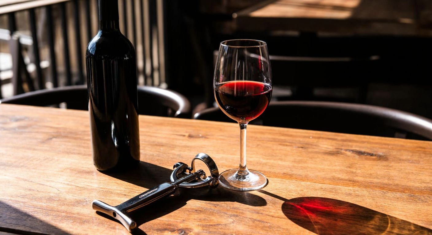 A rustic wooden table in a cozy Turkish setting holds a gleaming metal corkscrew beside an uncorked bottle of deep red wine, with a half-filled glass nearby casting a warm reflection.
