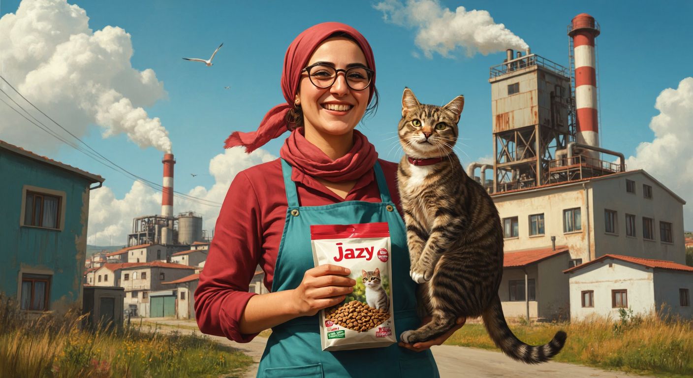 A cheerful Turkish woman in Çanakkale proudly holding a bag of Jazzy pet food with a factory backdrop and a happy cat rubbing against her leg.