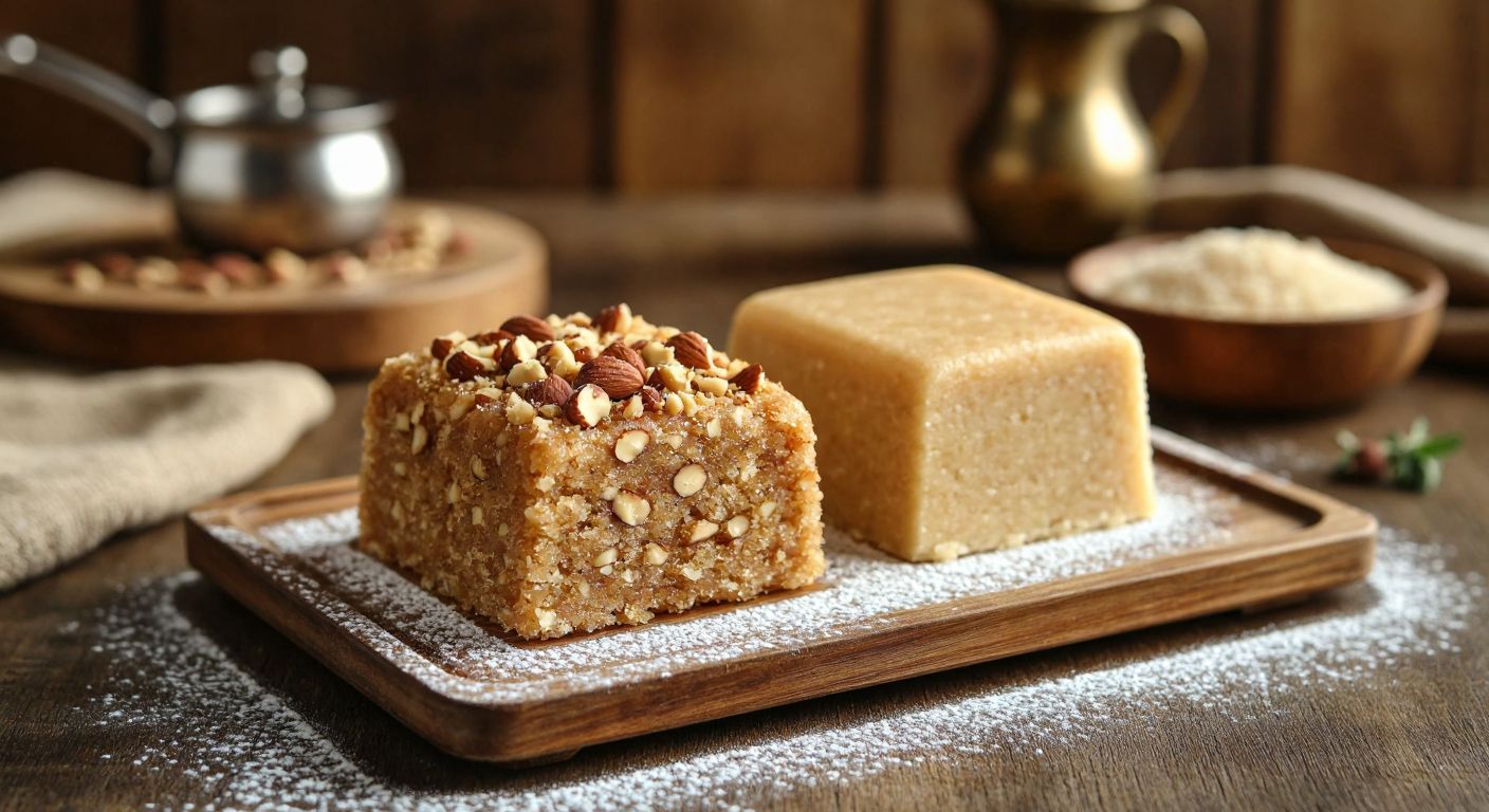 Two golden-brown Turkish desserts side by side on a wooden tray—one a crumbly, nut-studded saray helvası, the other a smooth, dense tahin helvası—with a warm kitchen backdrop and a dusting of powdered sugar.