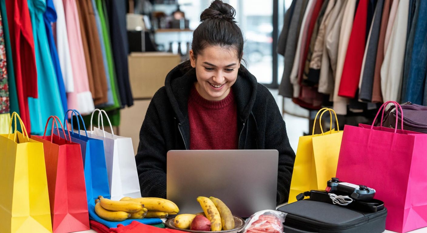 A person in North Macedonia smiles while browsing a laptop surrounded by colorful shopping bags and diverse products like clothing, electronics, and groceries.