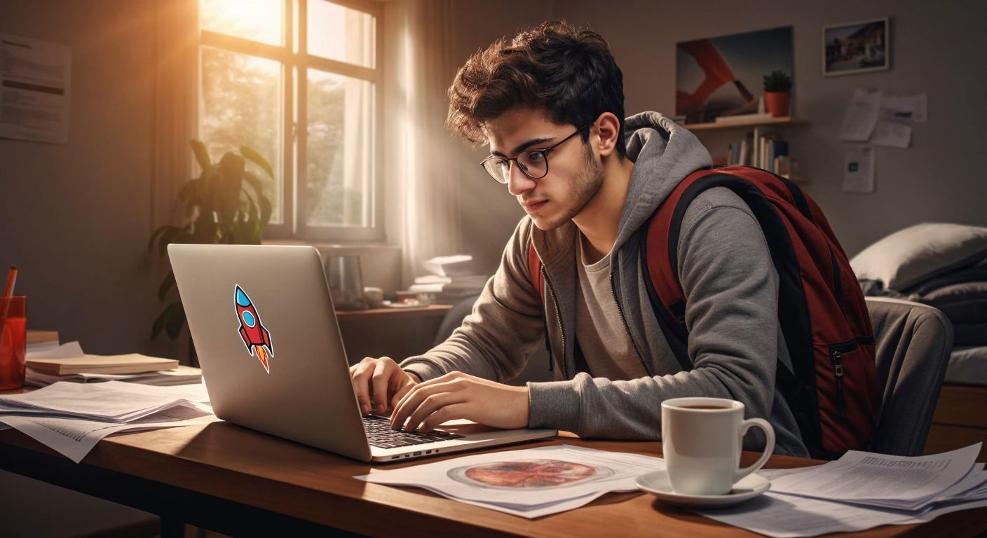 A young Turkish student in casual attire sits at a wooden desk with a laptop, intently browsing a website with a rocket logo, surrounded by scattered papers and a steaming cup of Turkish tea, their face lit with hopeful determination.