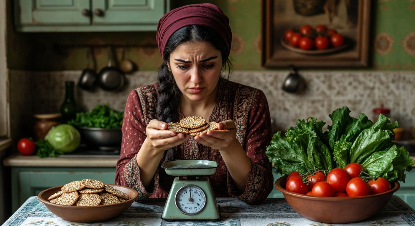 A Turkish woman hesitantly holding a handful of seeded crackers while glancing at a small kitchen scale, with a bowl of fresh vegetables nearby.