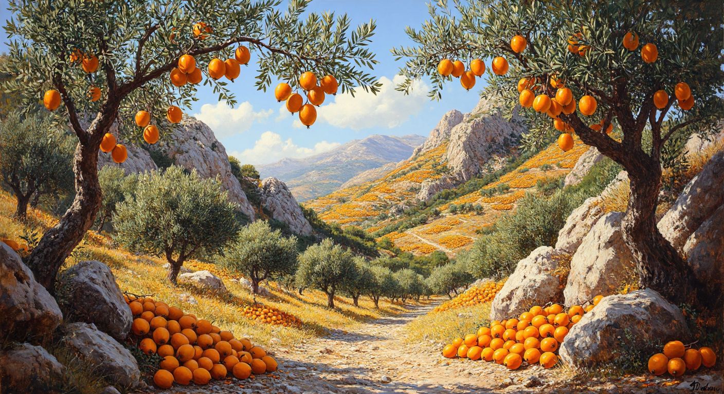 A sunlit Mediterranean landscape with rocky hills, olive trees, and clusters of golden-orange **Datça hurması** fruits hanging from branches, evoking warmth and abundance.