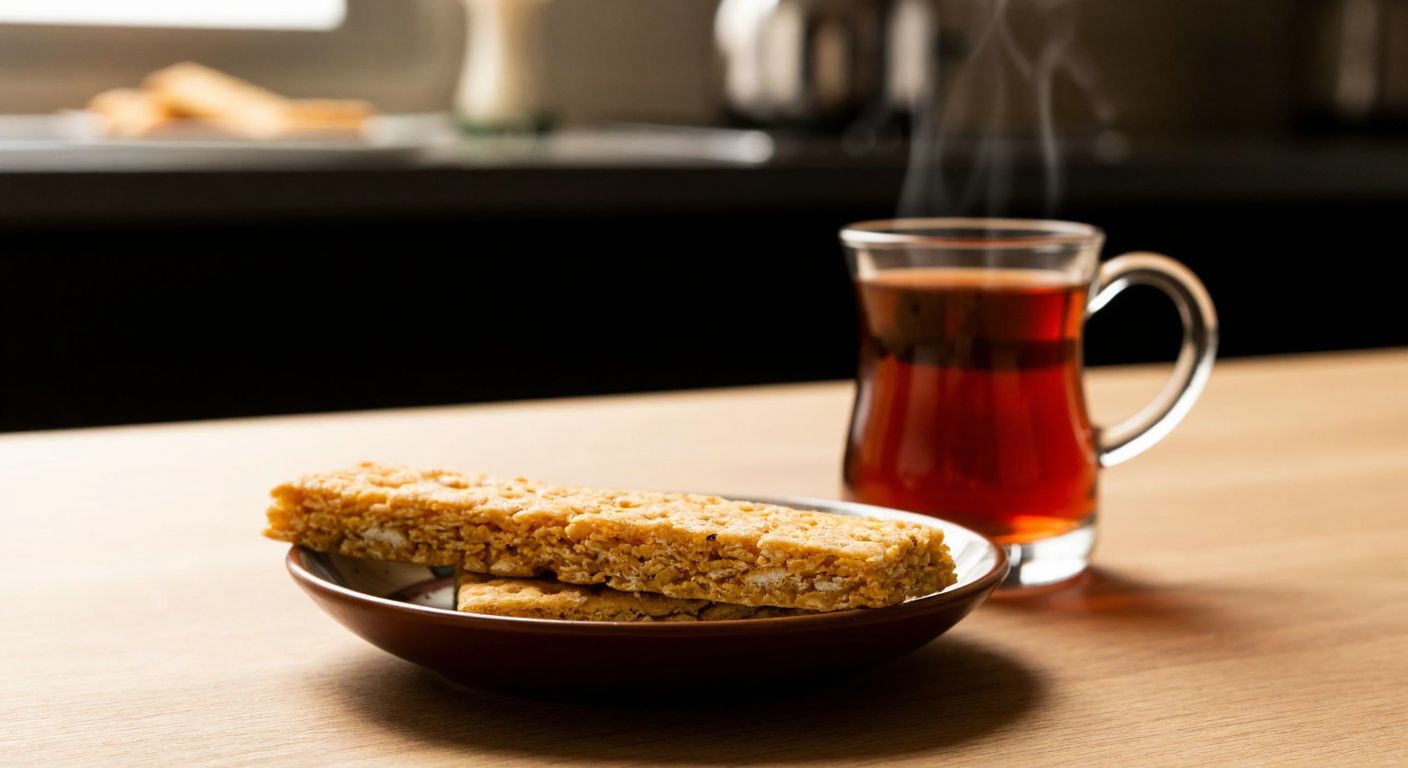 A single golden-brown rice cracker bar rests on a small plate beside a steaming cup of Turkish tea, with a warm, inviting kitchen backdrop.