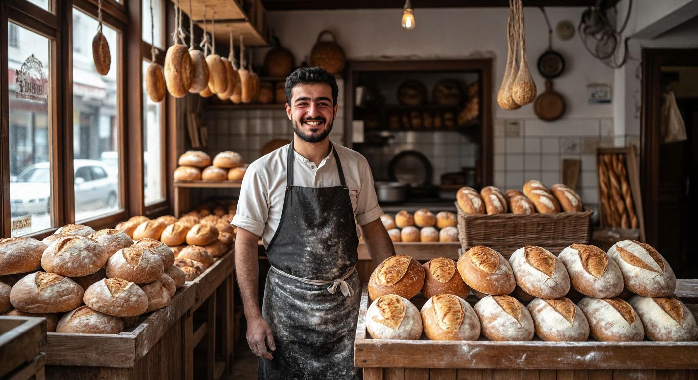 A warm, bustling bakery in Konya’s Aziziye neighborhood, with golden loaves of bread stacked in a wooden display, a smiling baker in a flour-dusted apron, and the aroma of fresh pastries filling the air.