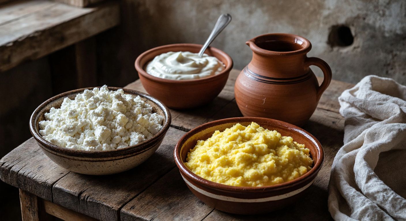 A rustic wooden table in a Turkish village kitchen holds two small bowls—one with soft, crumbly white çökelek and another with firmer, yellowish keş, both freshly made, with a clay jar of yogurt and a cheesecloth nearby.