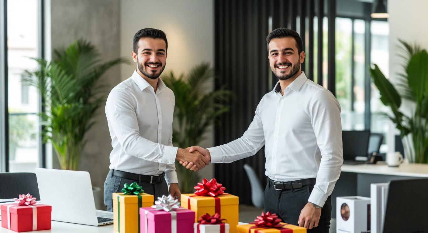 A smiling Turkish businessman in a crisp white shirt shakes hands with an Airfel representative in a modern office, surrounded by colorful gift boxes and a digital tablet displaying a rewards catalog.