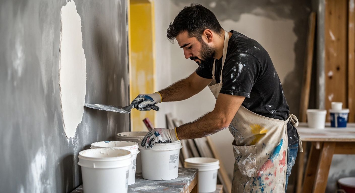 A Turkish handyman in a paint-splattered apron carefully smoothing a repaired wall crack with a spatula, surrounded by buckets of water-based acrylic paint and drying plaster.