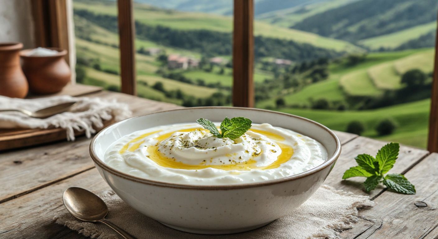 A rustic wooden table in a cozy Bayburt home holds a gleaming white bowl of thick, creamy ayran yoğurdu, topped with a drizzle of golden honey and fresh mint leaves, with rolling green pastures visible through an open window.