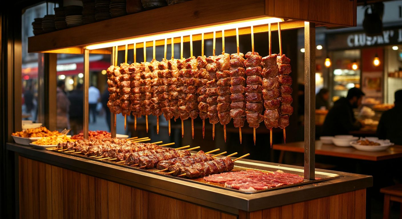 A warm, wooden döner stand with neatly arranged skewers of rotating meat, soft golden lighting highlighting the juicy cuts, and a bustling Turkish street scene in the background, evoking a sense of tradition and efficiency.