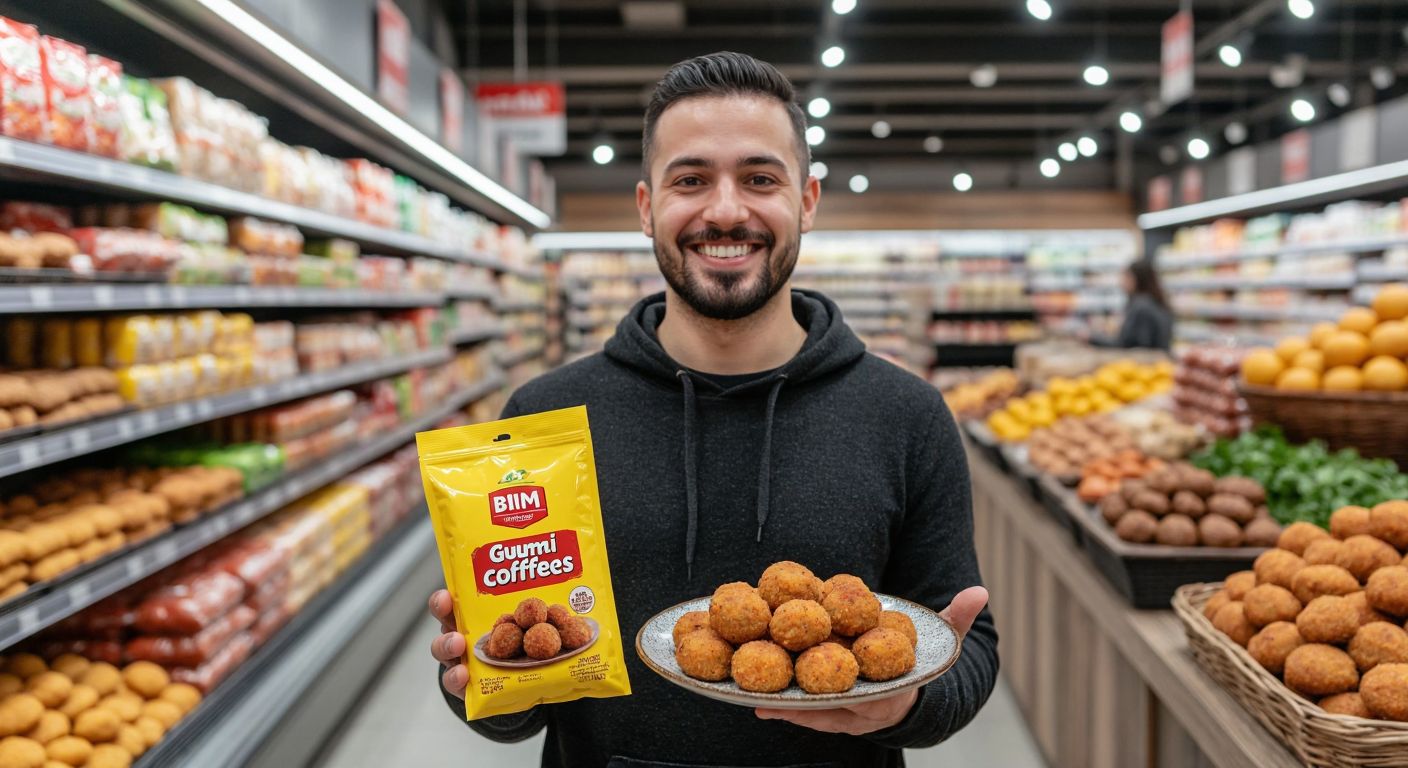 A smiling shopper in a Bim supermarket aisle holding a bright yellow package of **Gurme Porsi10 içli köfte**, with a warm golden-brown dish of freshly prepared köfte steaming beside them on a rustic wooden table.