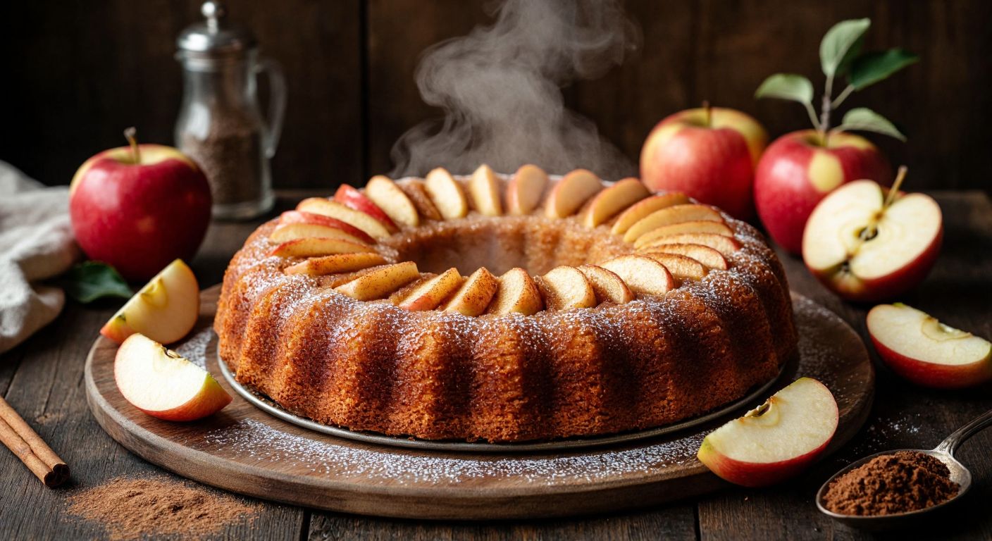 A golden-brown apple cinnamon cake, steaming fresh from the oven, surrounded by slices of fresh apples and a dusting of cinnamon on a rustic wooden table in a cozy Turkish kitchen.