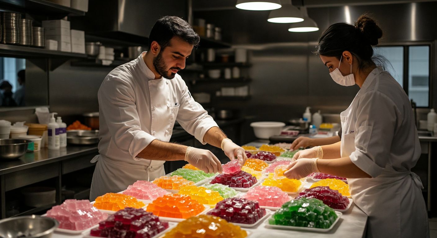 A Turkish chef in a bustling kitchen carefully wraps colorful lokum sweets in stretchy gelatin sheets, while nearby, a cosmetician mixes a glossy hair mask and a pharmacist fills gelatin capsules under warm light.