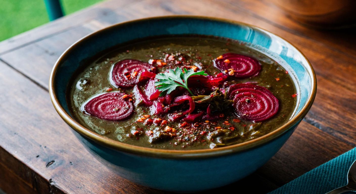 A steaming bowl of dark green karalahana soup with vibrant red beetroot swirls, topped with a sprinkle of red pepper flakes and black pepper, resting on a rustic wooden table in a cozy Turkish kitchen.