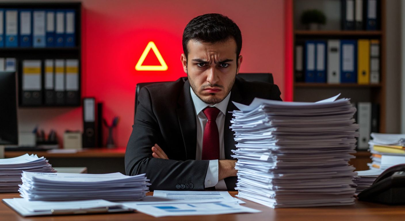 A Turkish accountant in a modern office frowns at a stack of invoices and financial documents piled high on a wooden desk, with a red warning light glowing faintly in the background.