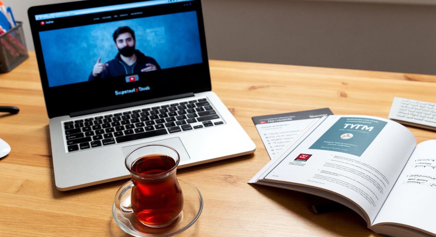 A focused Turkish student watches a YouTube tutorial on a laptop, with a Supara TYT Mathematics book open on a wooden desk, surrounded by notes and a steaming cup of Turkish tea.