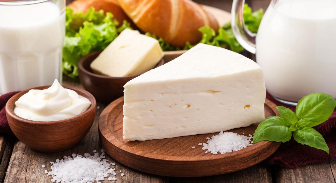 A close-up of a creamy white Kiri cheese wedge on a rustic wooden table, surrounded by fresh ingredients like a glass of milk, a small bowl of cream, a pat of butter, and a sprinkle of salt, evoking a traditional Turkish breakfast setting.