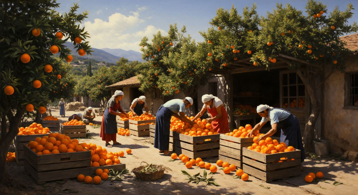 A sunlit Turkish orange grove with workers carefully harvesting bright oranges into wooden crates, while others sort and pack them under the shade of a rustic wooden shed.