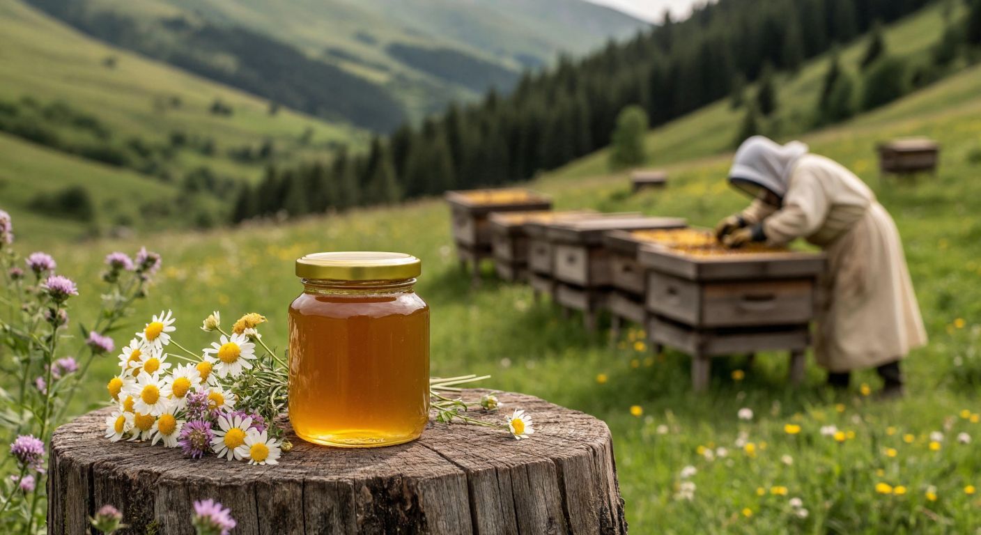 A golden jar of Hizan honey resting on a rustic wooden table, surrounded by wildflowers and a backdrop of lush green highland meadows in Bitlis, with a beekeeper in traditional attire carefully tending to wooden hives in the distance.