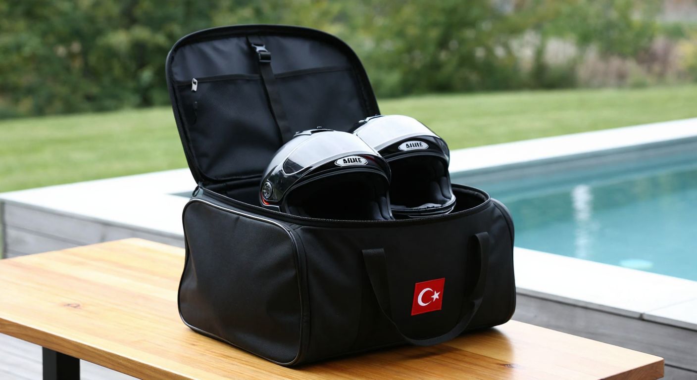 A sturdy black helmet bag sits open on a wooden table, revealing two glossy motorcycle helmets—one full-face and one half-face—nestled inside, with a Turkish flag patch subtly stitched on the bag's side.