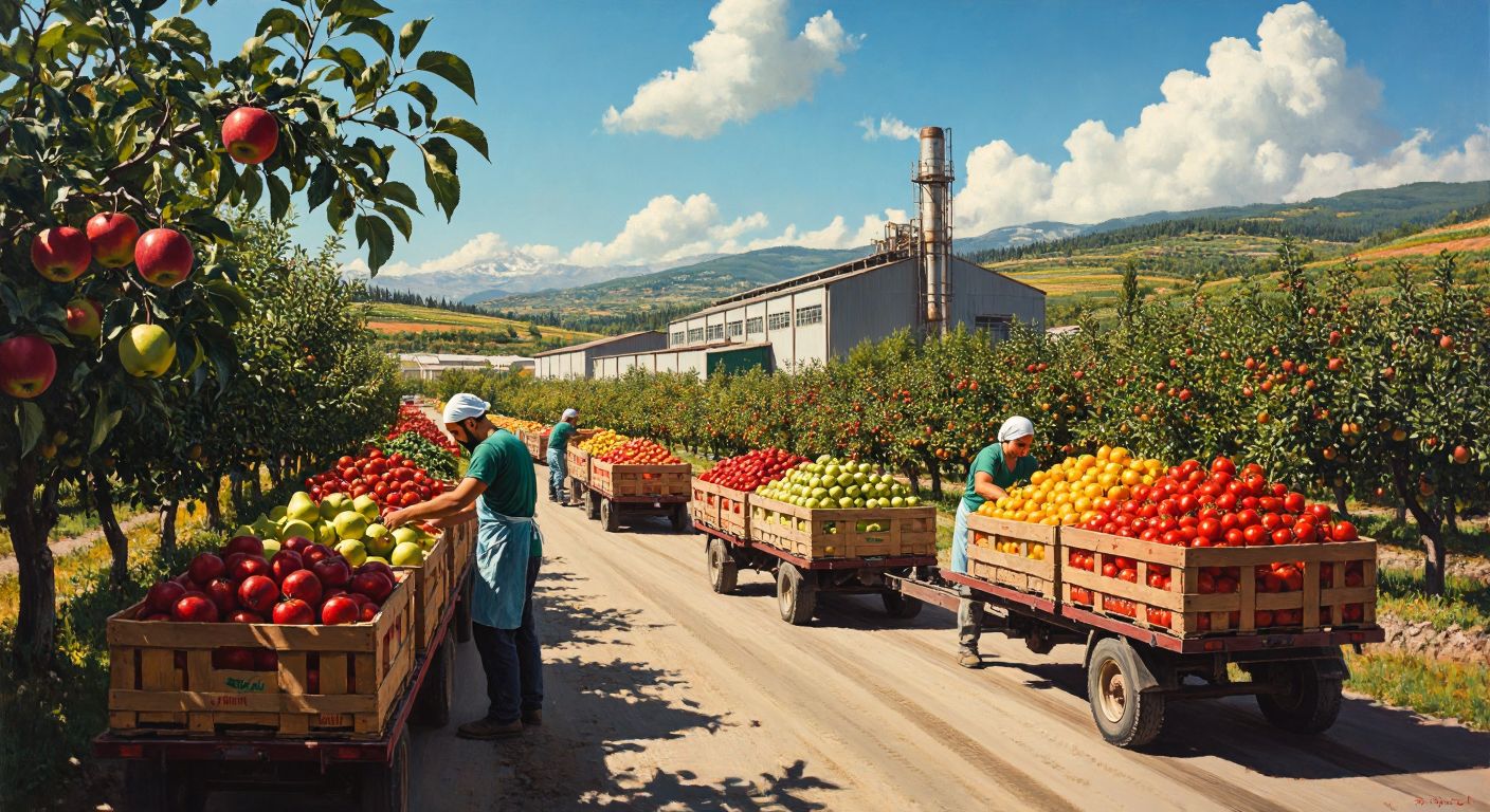A sunlit Turkish factory surrounded by orchards of apples, pears, and tomatoes, with workers in hairnets loading crates of vibrant fruit juices and tomato paste onto trucks.