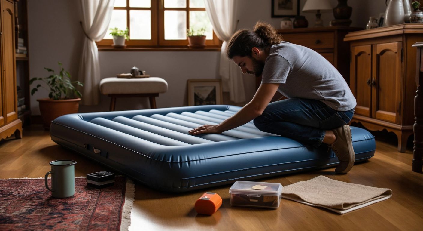 A person in a cozy Turkish home kneels on a deflating air mattress, pressing down to release air while a small repair kit with sandpaper and patches lies nearby on a wooden floor.