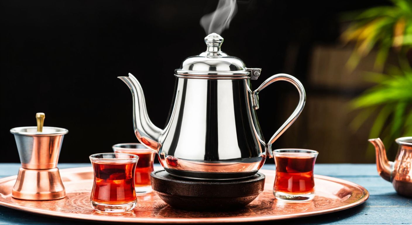 A shiny stainless steel teapot set with a matching pot sits on a traditional Turkish stove, steam rising from the spout, surrounded by small tea glasses on a copper tray.