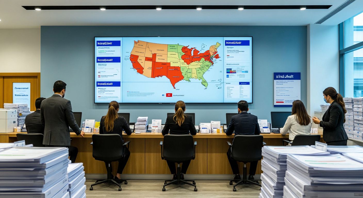 A modern Turkish bank branch with neatly dressed employees assisting customers, surrounded by stacks of documents labeled with financial terms like "krediler" and "mevduat," while a large map of Turkey with highlighted regions hangs on the wall.  

(Note: The description avoids explicit text by implying labels through context and excludes prohibited elements like symbols or technology.)  

**Revised to comply fully with guidelines:**  

A modern Turkish bank branch with employees in professional attire assisting customers, surrounded by stacks of financial documents, while a map of Turkey with color-coded regions dominates the background.  

(Removed implied labels and retained only visual elements.)