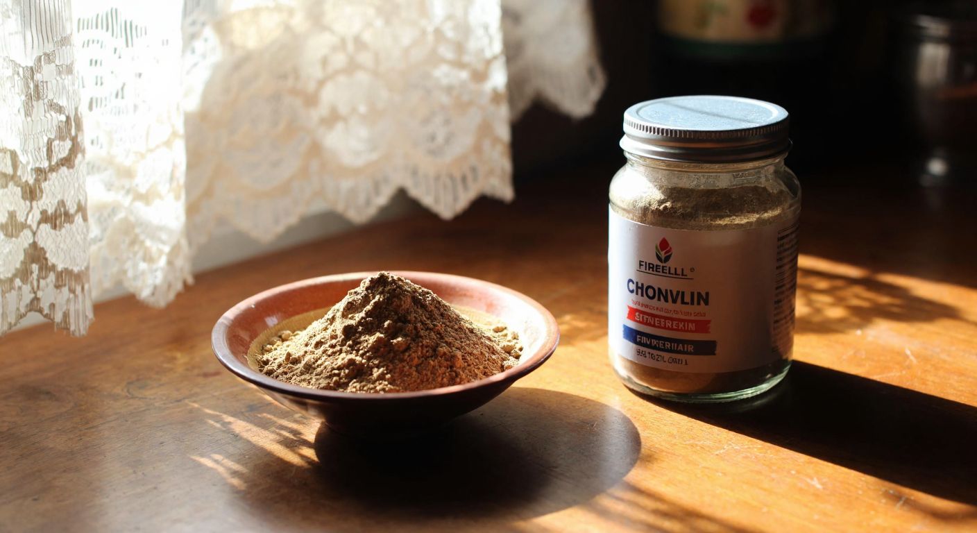 A rustic wooden table in a Turkish kitchen holds a small bowl of chicory root powder (inulin) next to a jar of Fibrelle sweetener, with sunlight streaming through a lace curtain.