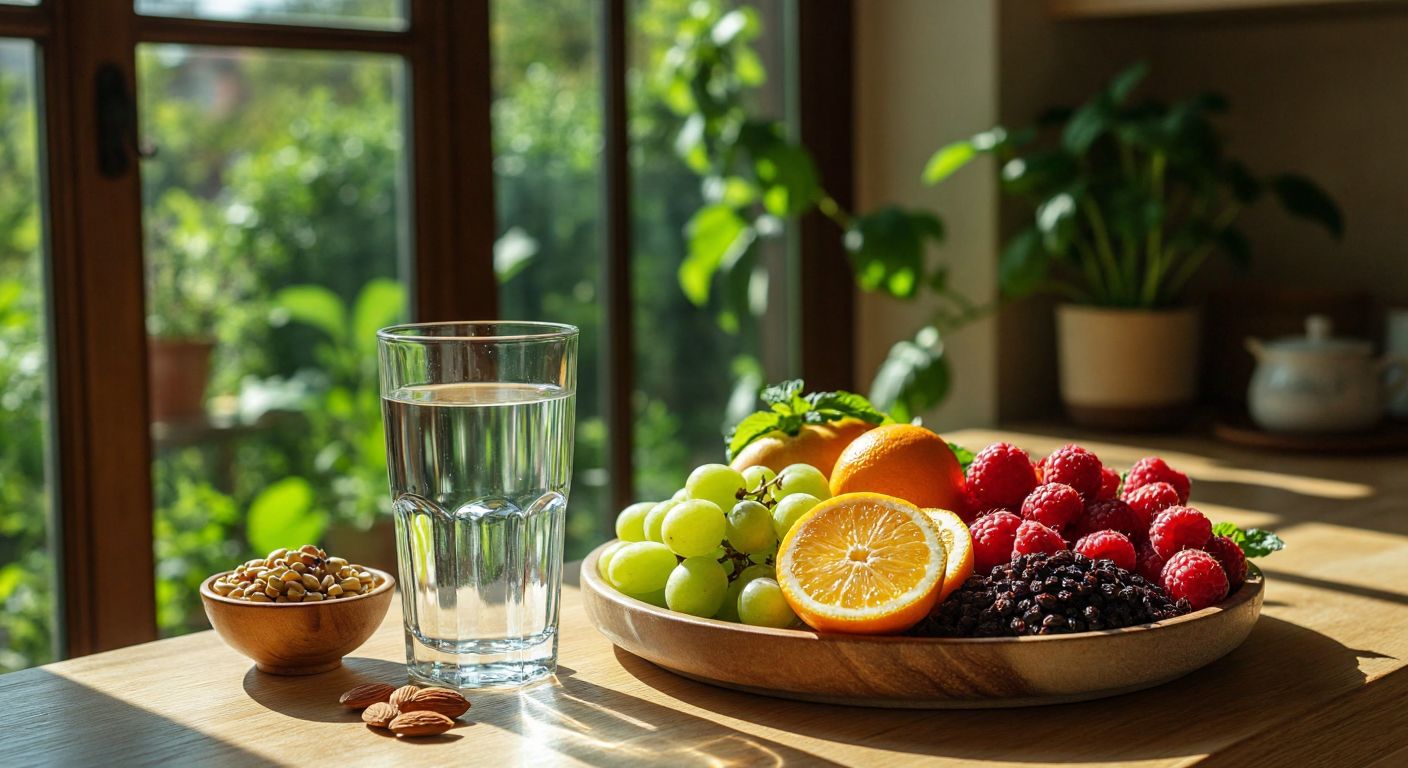 A clear glass of water, a colorful assortment of fresh fruits and vegetables rich in vitamins, and a small bowl of mineral-rich nuts and seeds arranged on a sunlit wooden table in a Turkish kitchen.