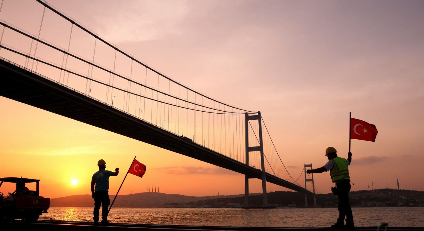 A majestic suspension bridge spanning the Bosphorus at sunset, with construction workers in hard hats inspecting cables while Turkish flags flutter in the background.