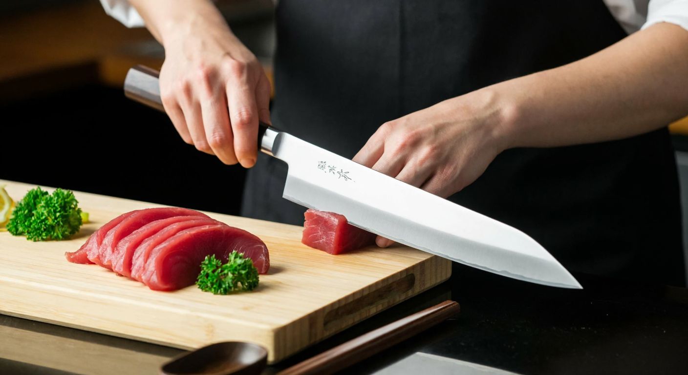 A skilled chef in a traditional Japanese kitchen carefully slices fresh sashimi with a sleek, single-beveled kiritsuke knife, while a versatile gyuto knife rests nearby on a wooden cutting board.