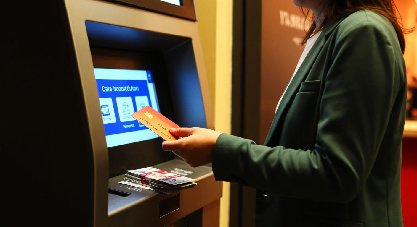 A Turkish person in casual attire confidently inserts a credit card into an ATM while a small stack of banknotes and a digital transaction confirmation appear on the screen.