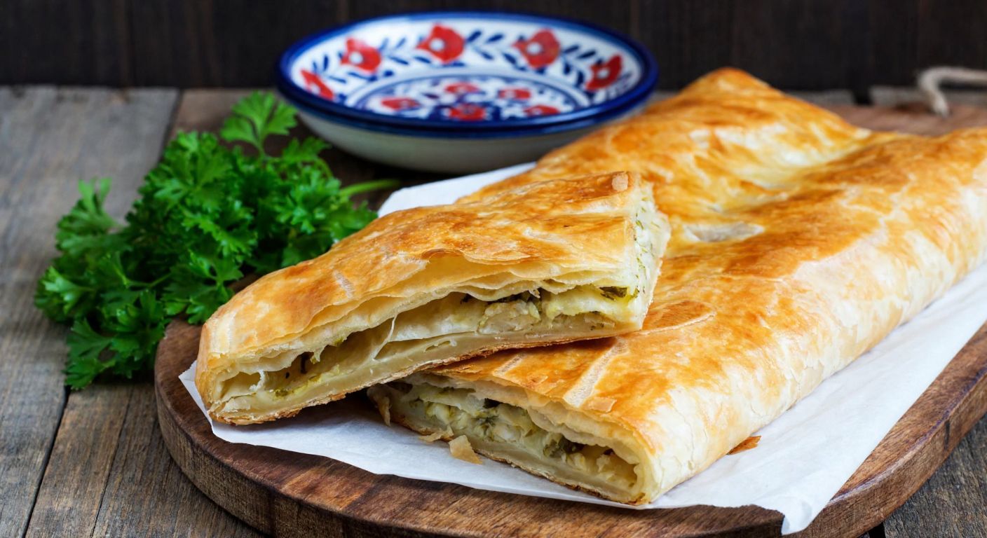 A golden, flaky balık böreği sits on a rustic wooden table, its layers of yufka (2 or 3) visibly separated, with a fresh parsley garnish beside it and a traditional Turkish ceramic plate in the background.