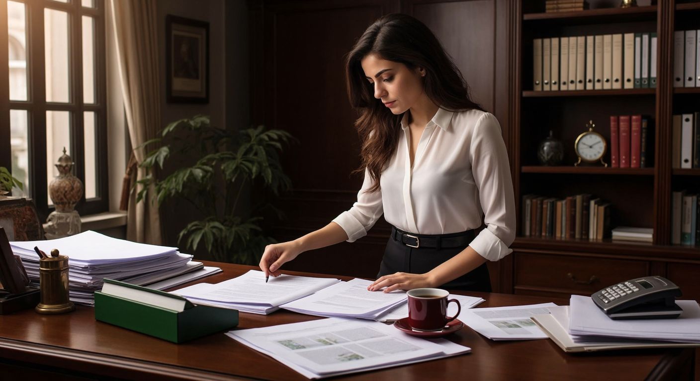 A poised Turkish woman in a professional blouse and skirt efficiently organizes files on a sleek wooden desk, maintaining calm focus amid scattered papers and a ringing phone, with a neatly arranged planner and a steaming cup of Turkish tea beside her.