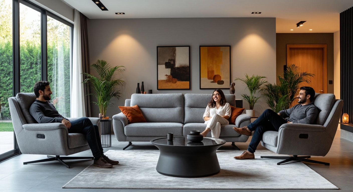 A modern living room with a stylish gray Relax sofa set, where a smiling family sits comfortably while another person frowns at a slightly sunken chair nearby, all under warm Turkish home lighting.
