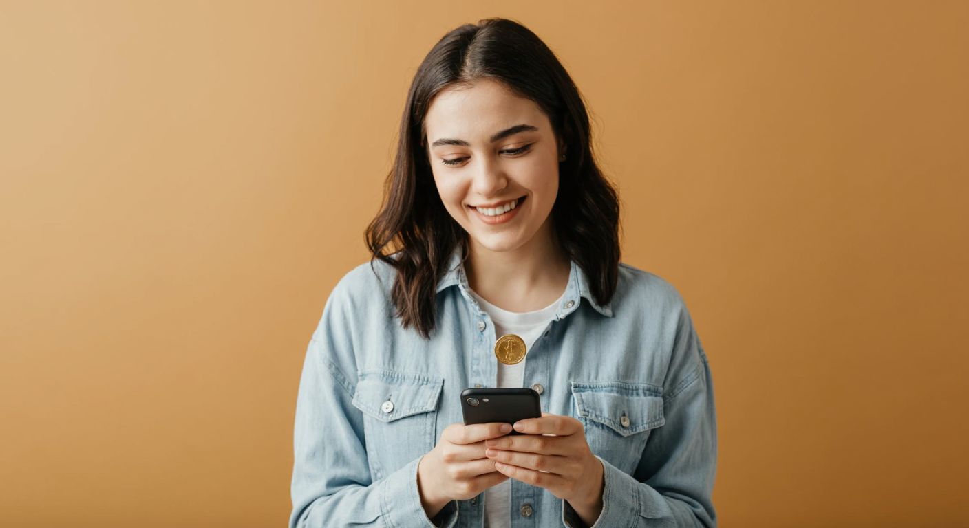 A young Turkish woman in modern casual clothing smiles while holding her smartphone, with a small golden coin resting on her palm, against a warm-toned background suggesting financial security.